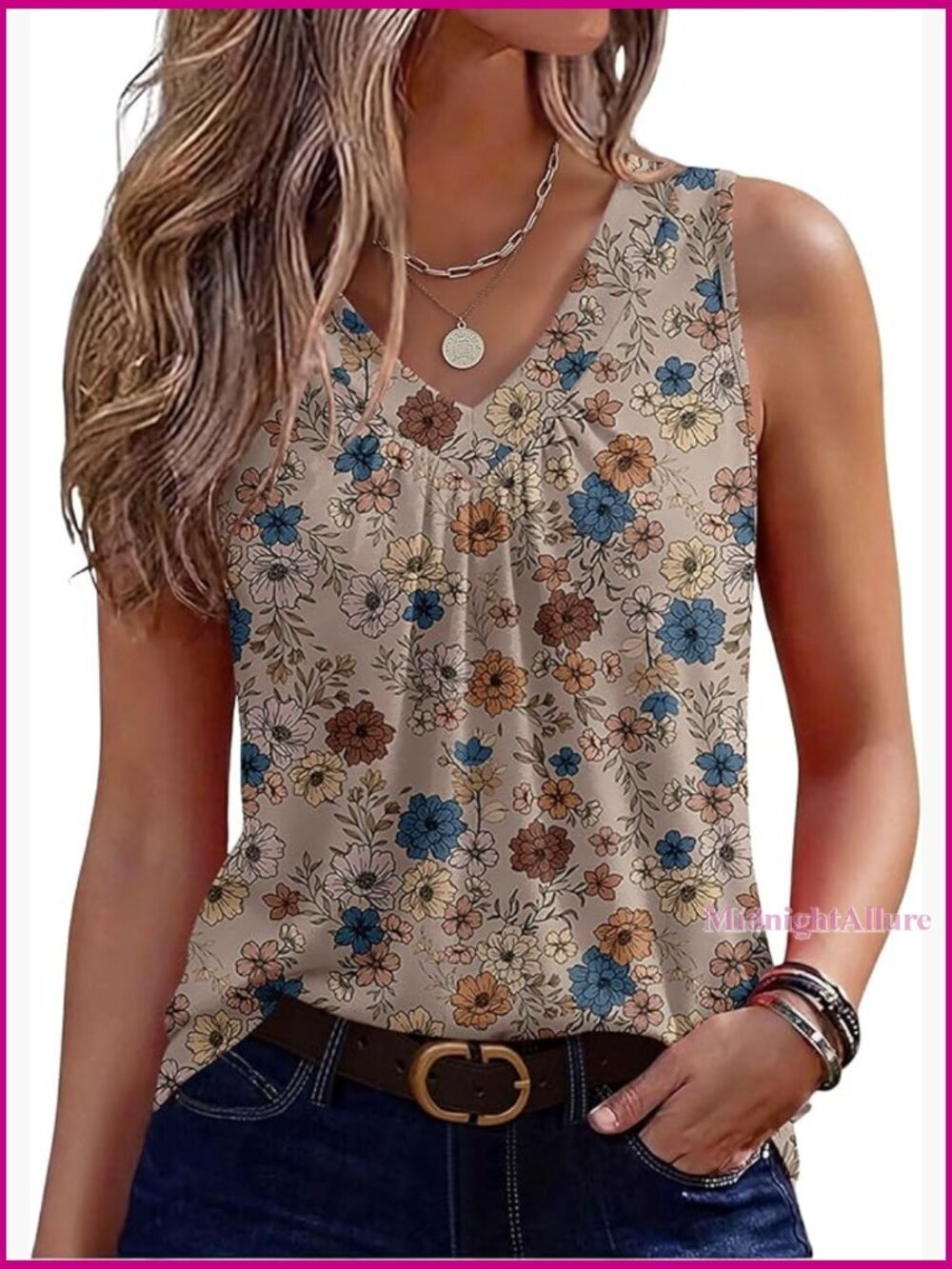 Loose Fit V-Neck Tank Top, Pleated Front, Recycled Polyester Blend